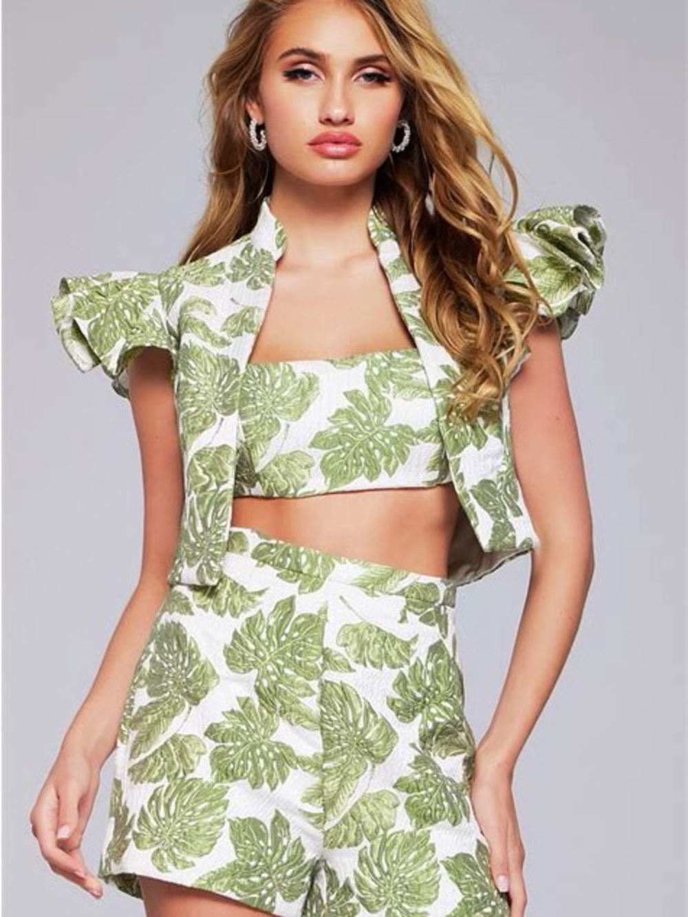 Jovani White and Green Leaf Print Two-Piece Set